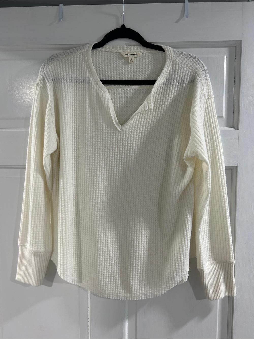 Lucky Brand Ivory Waffle-Knit Long Sleeve V-Neck Top